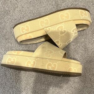 Gucci Cream Monogram Platform Slides
